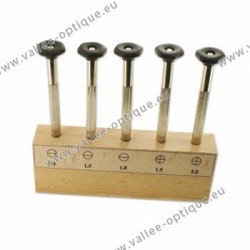 Set of screwdrivers with screw chuck and simple handle on wooden support