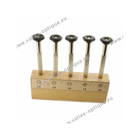 Set of screwdrivers with screw chuck and simple handle on wooden support