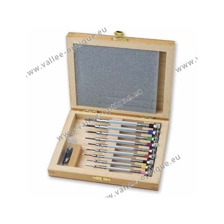 Set of screwdriver in wooden storage box