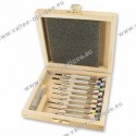 Set of screwdrivers and wrenches in wooden storage box