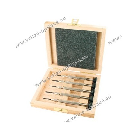 Set of screwdrivers with screw chuck and simple handle in wooden storage box