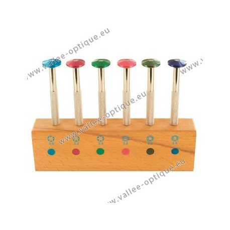 Set of nut wrenches on base with coloured rotating head